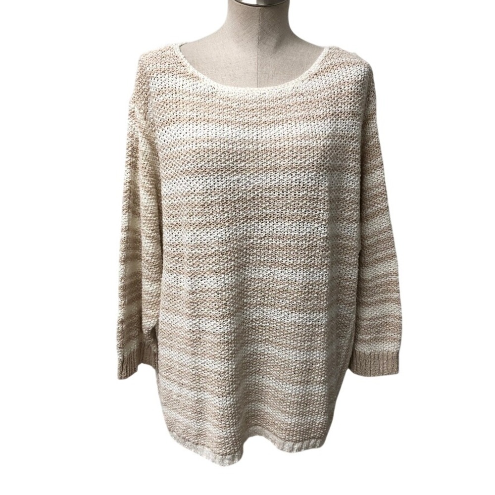 Chicos Pullover Sweater Womens XXL 4 Beige Striped Cotton Linen Knit Chunky Knit